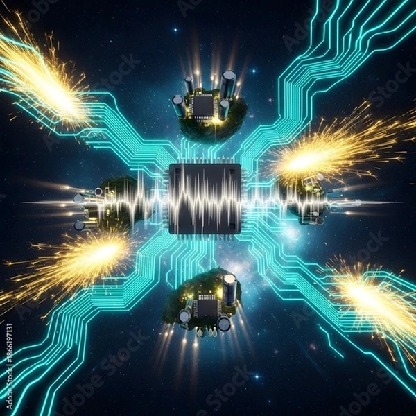 Obraz Central processor chip sparks with intense electrical energy in space