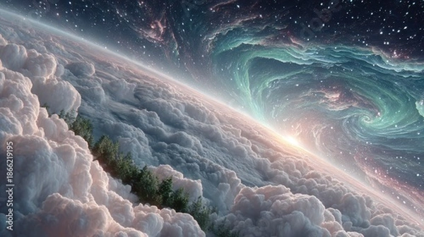 Obraz Celestial Landscape: Clouds, Aurora, and Starry Sky