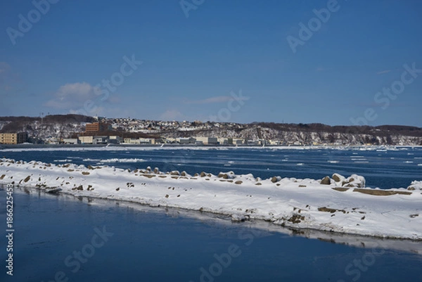 Obraz 北海道　船上から見たオホーツク海の流氷と能取岬