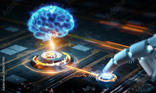 Obraz Robotic hand activating digital button with holographic brain interface for artificial intelligence and future tech concept. 3D rendering. Generative Ai brain