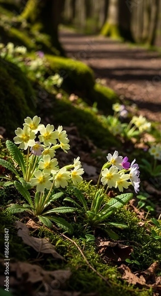 Obraz Primroses in the Forest - A Springtime Scene.