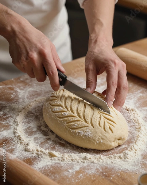 Obraz Baker Scoring Patterns on Raw Sourdough Loaf - Artisan Bread Making