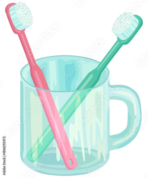 Obraz 二本の歯ブラシと透明なコップのイラスト ベクター素材