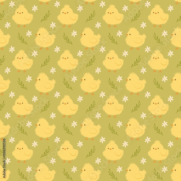 Fototapeta Easter chicks and spring flowers seamless pattern