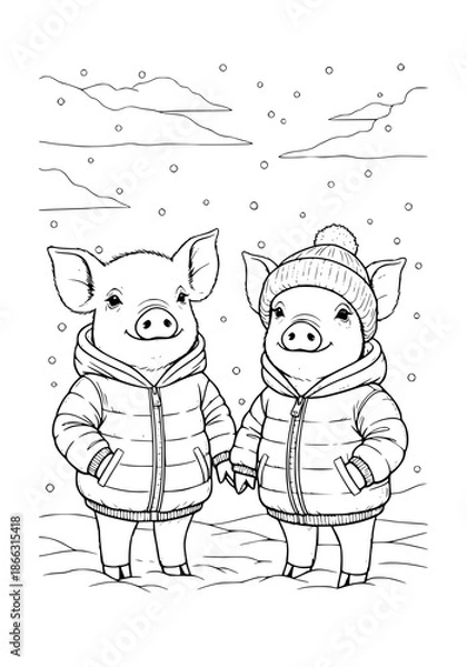 Obraz piglets in down jackets. coloring book