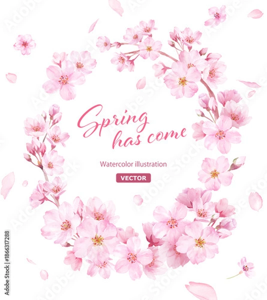Obraz 春の花：桜の水彩イラストで構成した縦楕円形装飾フレーム。花びらの背景。（ベクター）
