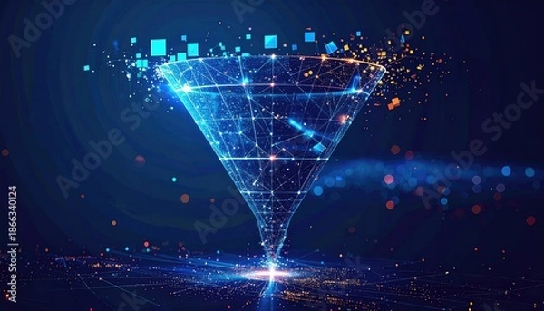 Obraz Digital funnel illustration, glowing with data particles, representing data filtering/processing
