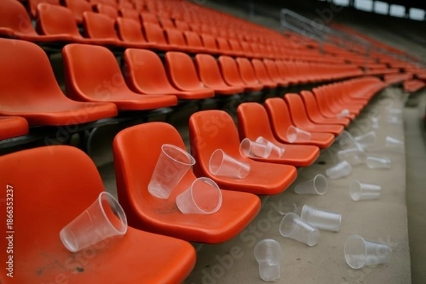 Obraz Discarded Plastic Cups on Empty Orange Stadium Seats