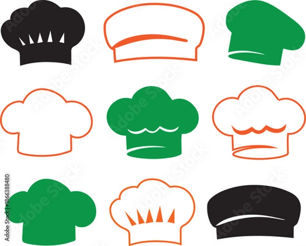 Obraz Chef Hat Icon Set. Cooking Cap, Bakery Chef Toque Vector Collection.