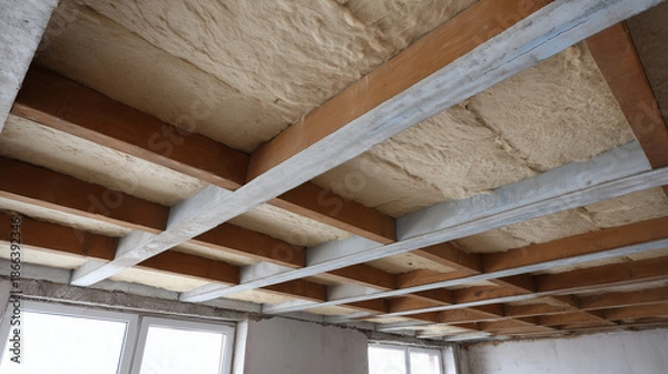 Obraz ceiling view showing soundproofing material layers above drywall
