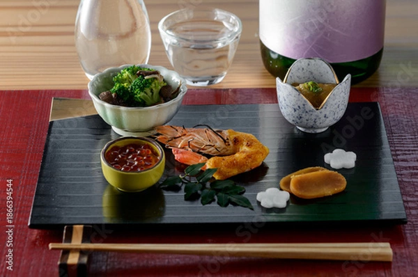 Obraz 日本酒とともに楽しむ和食の小皿料理／和の器で楽しむ季節の和食イメージ
