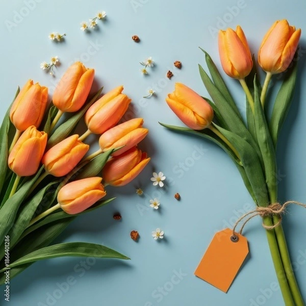 Obraz Orange Tulips Flat Lay on Blue Background, Spring Concept