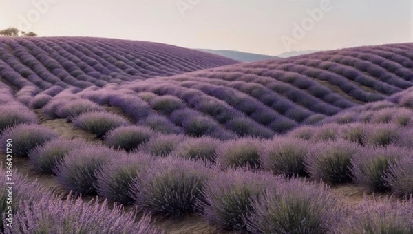 Obraz Rolling lavender fields blanket a scenic landscape in rows, soft light