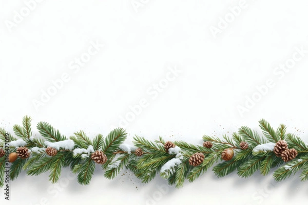 Obraz Winter evergreen branches and pinecones bottom border background