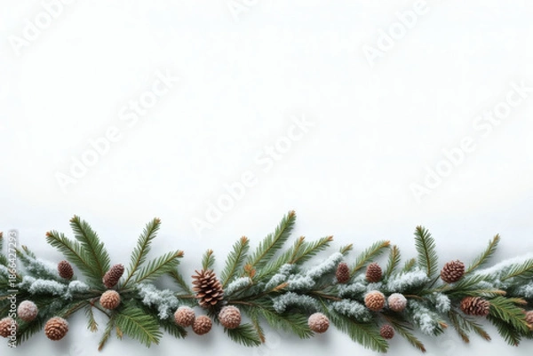 Obraz Winter evergreen bottom border with pinecones and snow