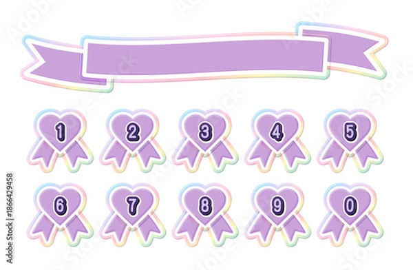 Obraz イラスト素材・リボンのフレームとハートのメダルセット、数字、