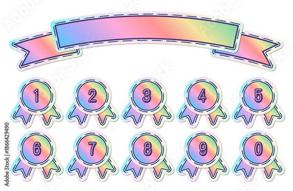 Obraz イラスト素材・リボンのフレームと数字とホログラムとグラデーションカラーのメダルセット