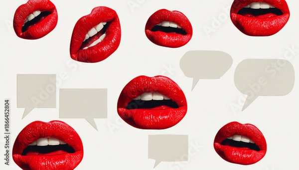 Obraz Red lips with speech bubbles on a light background representing communication and expression.