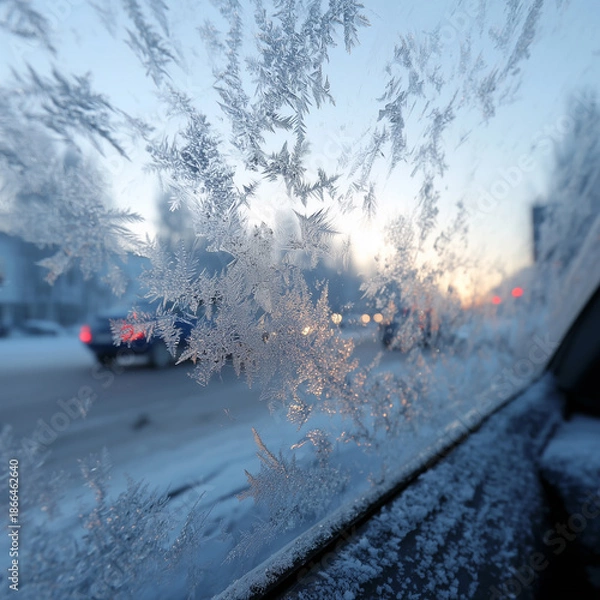 Fototapeta 겨울 저녁, 성에 낀 유리 너머의 도로 풍경
