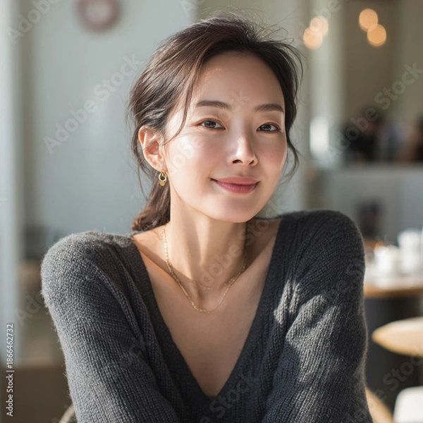 Fototapeta 감성적인 카페에서의 한국 여성 라이프스타일 초상