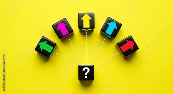 Obraz Black question mark cube facing multiple colored arrow direction choices on bright yellow background
