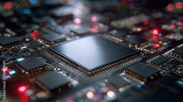 Obraz Close up of a complex computer microchip with glowing lights