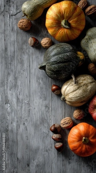 Obraz Assorted pumpkins gourds nuts and apple on rustic wood