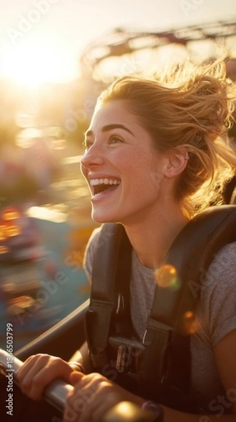 Obraz Woman screaming while riding roller coaster.	