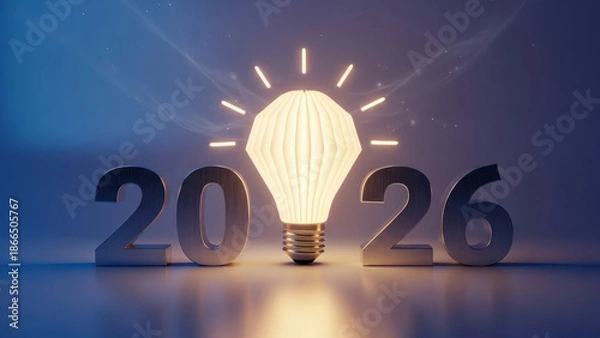 Fototapeta Creative light bulb between numbers representing year 2026.