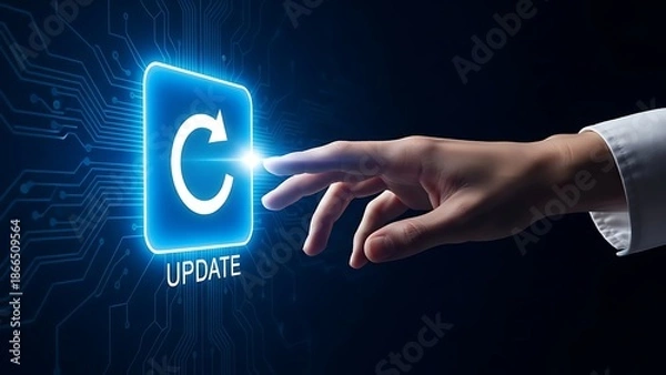 Fototapeta Hand interacting with a glowing blue update button