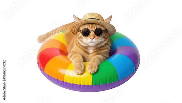 Obraz Relaxed cat lounging in rainbow pool float