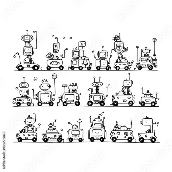 Obraz Robots Driving Various Vehicles on Road