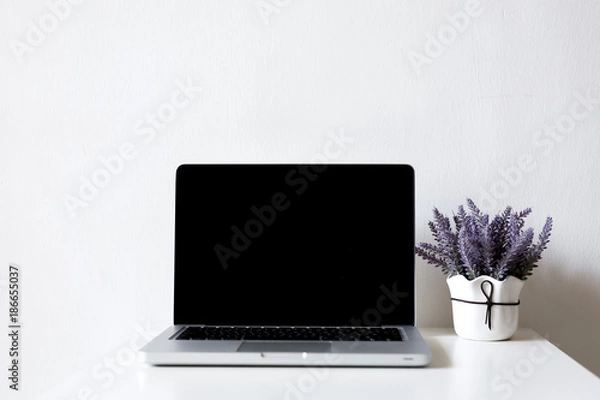 Fototapeta Laptop with blank screen isolated on white background - mockup template, all laptop in focus