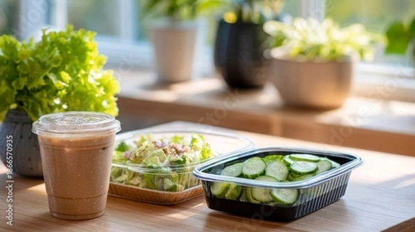 Obraz Shared table with two shakeable cucumber salad containers and drink  