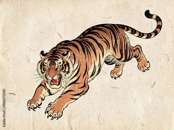 Obraz Dynamic pouncing tiger oriental illustration