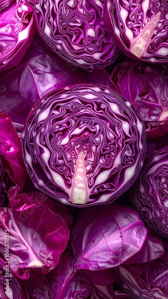 Fototapeta Fresh purple red cabbage slices background texture pattern