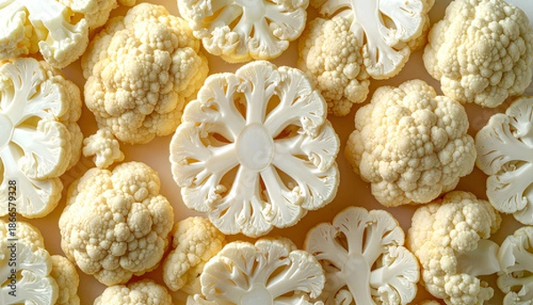 Fototapeta Fresh white cauliflower slices background texture pattern