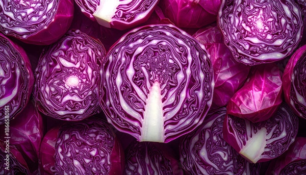 Fototapeta Fresh purple red cabbage slices background texture pattern