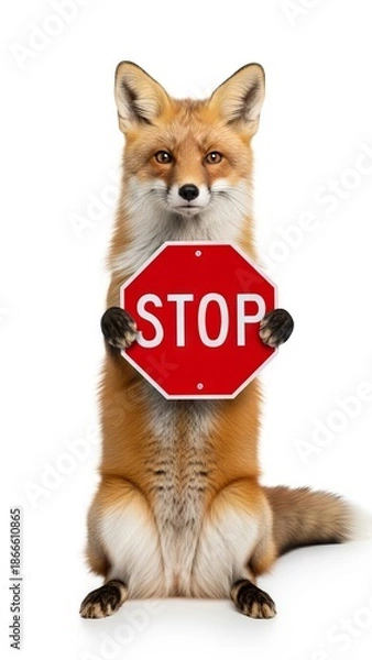 Obraz fox holding a red stop sign, road sign, solid white background