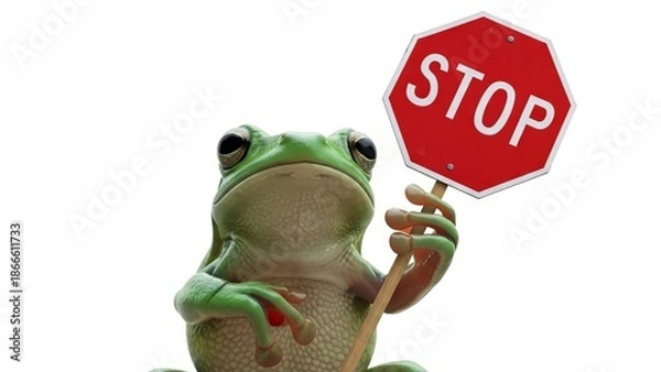 Obraz frog holding a red stop sign, road sign, solid white background