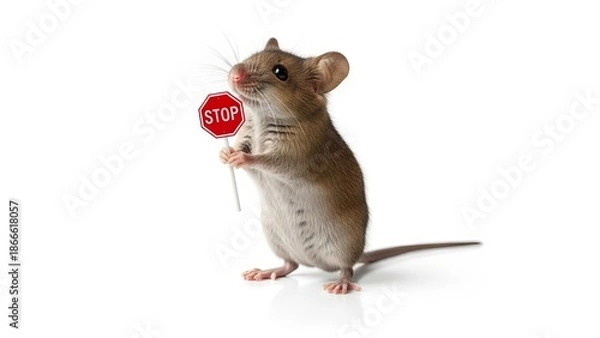 Obraz mouse holding a red stop sign, road sign, solid white background