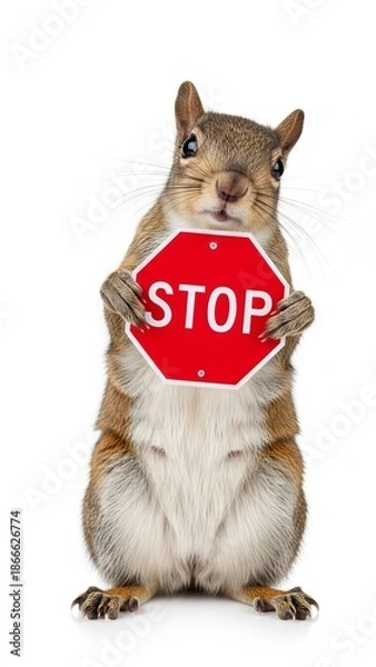 Obraz squirrel holding a red stop sign, road sign, solid white background