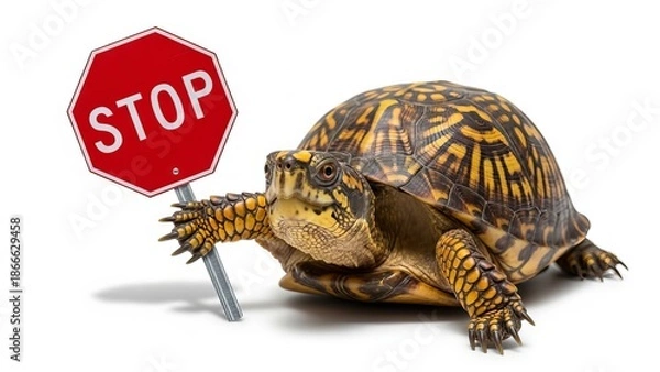 Obraz turtle holding a red stop sign, road sign, solid white background