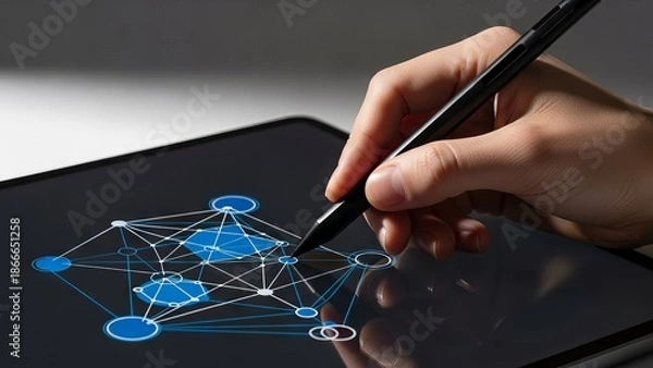 Obraz Hand interacting with digital network visualization on tablet