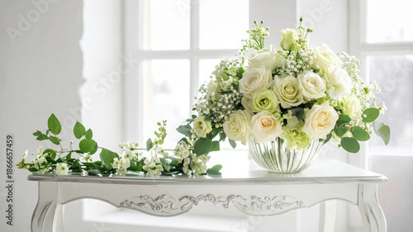 Obraz ペールグリーンとホワイトのばらのフラワーアレンジメント