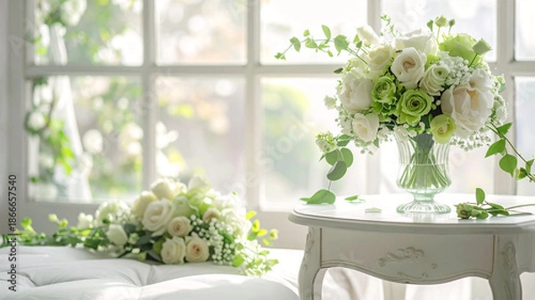 Obraz ペールグリーンとホワイトのばらのフラワーアレンジメント