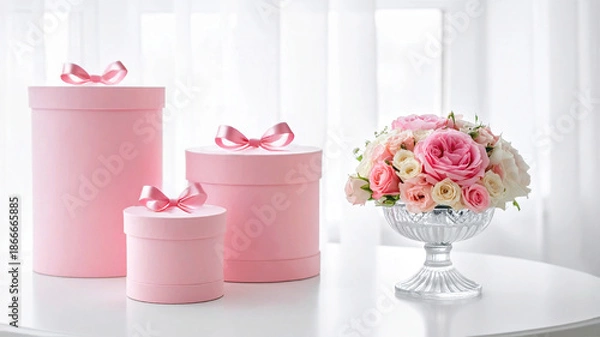 Obraz ペールピンクのばらのフラワーアレンジメントとペールピンクのギフトボックス