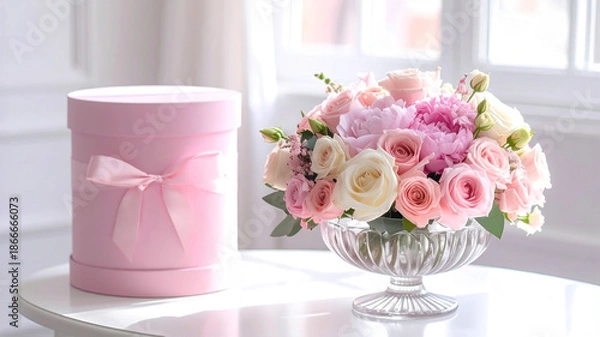 Obraz ペールピンクのばらのフラワーアレンジメントとペールピンクのギフトボックス