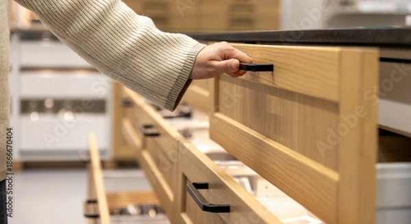 Obraz Hand opens two kitchen drawers. Space organization.