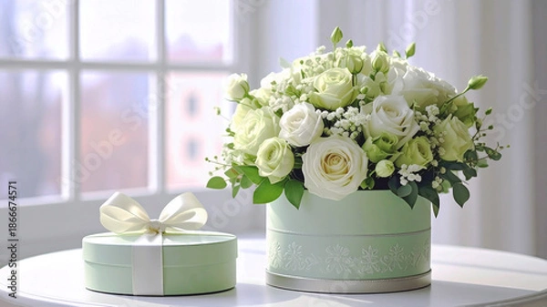 Obraz ペールグリーンとホワイトのばらのボックスアレンジメント